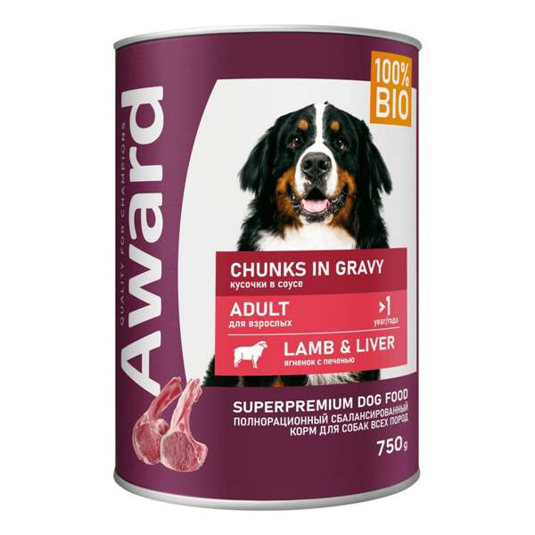 Влажный корм Award кусочки с ягненком и печенью в соусе для собак 750г