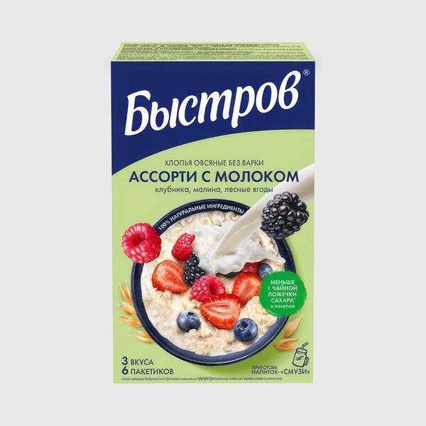 Каша овсяная Быстров Ассорти с молоком Клубника, малина, лесные ягоды без варки, 6×40 г
