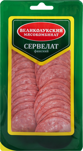 

Колбаса варёно-копчёная Великолукский Мясокомбинат сервелат Финский нарезка 150 г