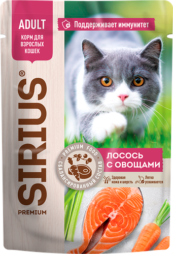 

Влажный корм для кошек Sirius Adult кусочки в соусе лосось с овощами 85 г