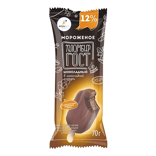 Мороженое МАРИАЙС ГОСТ эскимо пломбир шоколадный в шоколадной глазури с растительным жиром 12% 70г
