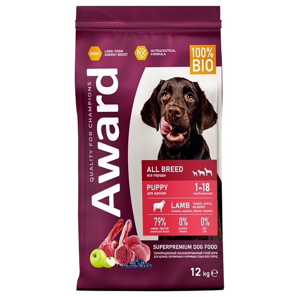 Сухой корм AWARD для щенков, беременных и кормящих всех пород с ягненком,индейкой, яблоком и черникой