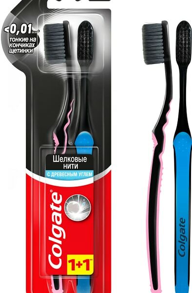 Зубная щетка Colgate Шелковые Нити с древесным углем для здоровья десен мягкая 1+1шт