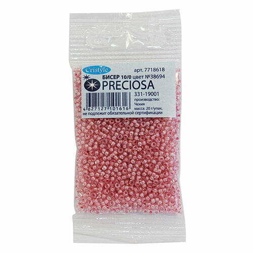 (38694) 331-19001-10/0 Бисер прозрачный с цв.центром и покрытием 10/0, круг.отв., 20гр Preciosa,упак