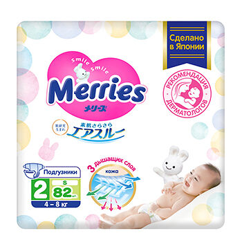 Merries Подгузники S 4-8 кг 82 шт