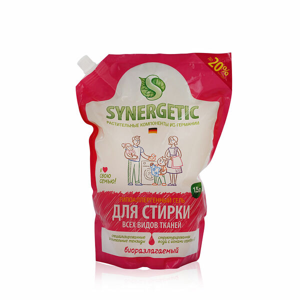 Гель для стирки для всех видов тканей Synergetic гипоаллергенный , дой-пак 1,5л