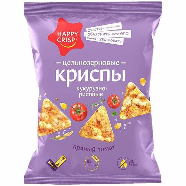 Чипсы кукурузно-рисовые Happy Crisp Пряный томат цельнозерновые, 50г