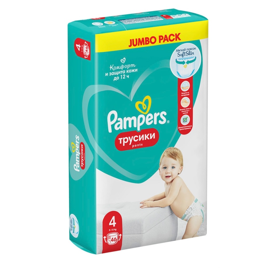 

Подгузники-трусики для малышей 9-15 кг, Pampers, 4 размер, 46 шт., Россия