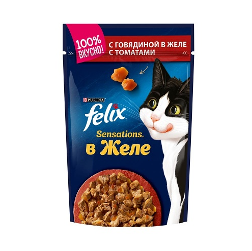 Корм для кошек Felix Sensations с говядиной в желе с томатами