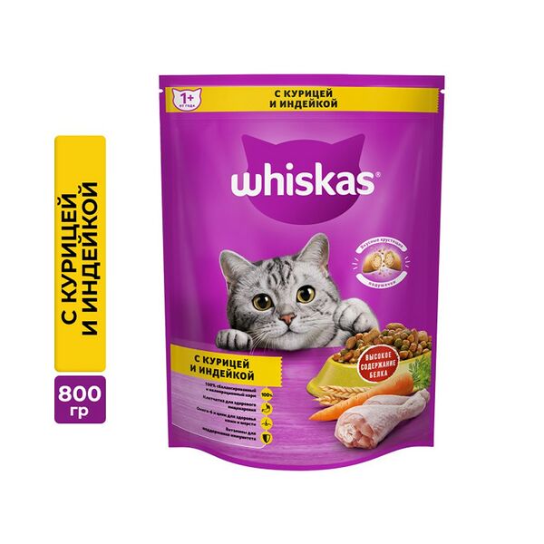 Корм для кошек от 1 года Подушечки Whiskas с курицей и индейкой