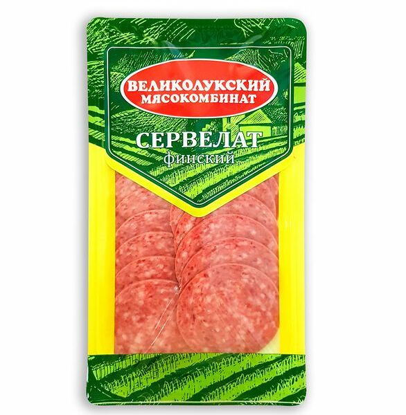 Колбаса варёно-копчёная Великолукский мясокомбинат сервелат Финский нарезка