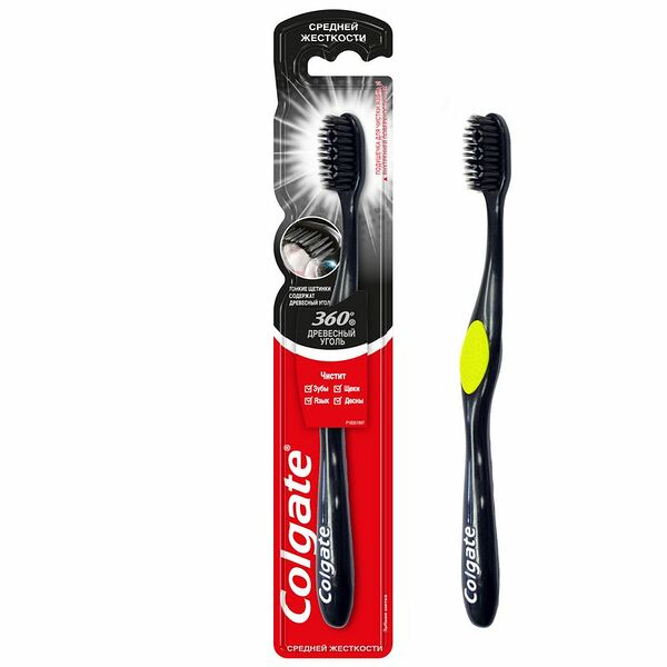 Зубная щетка Colgate 360 Древесный уголь многофункциональная средней жесткости черная