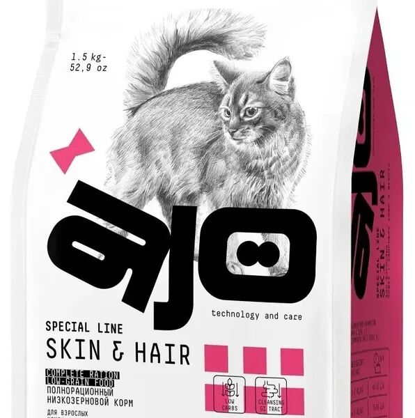 Корм сухой полнорационный Ajo Special Line Здоровая кожа и красивая шерсть с лососем и индейкой для длинношерстных кошек, 1.5 кг