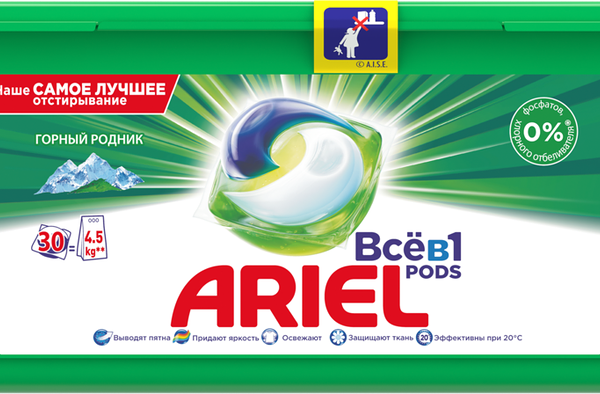 Капсулы для стирки ARIEL Pods Все-в-1 Горный родник, автомат, 30шт
