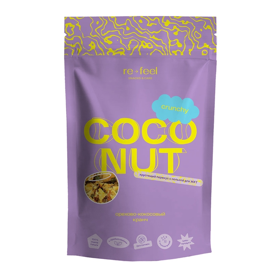 

Снек хрустящий Re-feel Crunchy Coconut орехово-кокосовый с пребиотиками и коллагеном (кето) 75г Россия