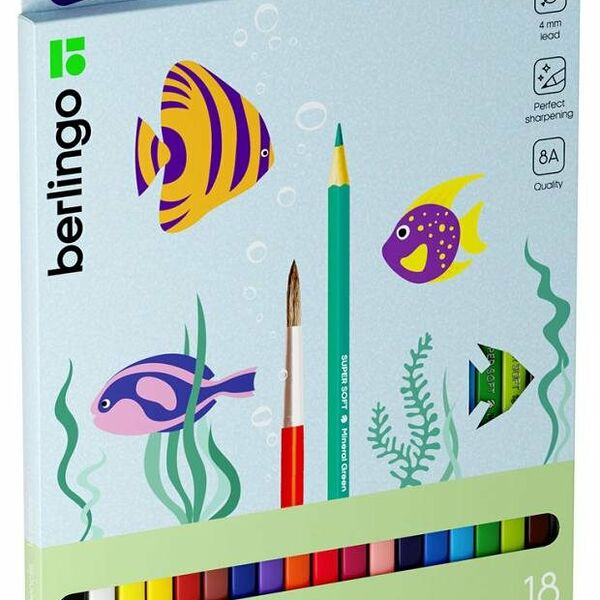 Карандаши акварельные Berlingo SuperSoft Рыбки трехгранные, 18 цветов + кисть