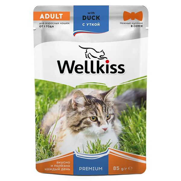 Adult влажный корм Wellkiss для взрослых кошек с уткой в соусе