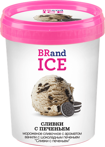 Мороженое BRAND ICE печенье со сливками, сливочное ванильное с кусочками шоколадного печенья 15%, без змж, 600г