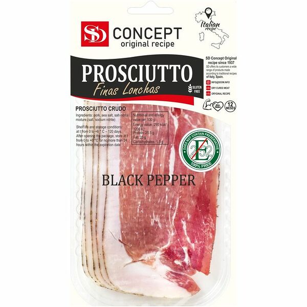 Продукт мясной SD Прошутто с черным перцем свинина сыровяленая категории А, 50г