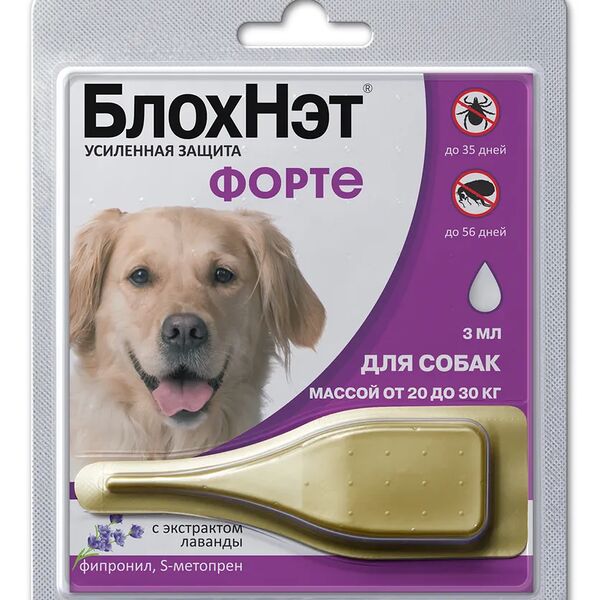 БлохНэт Форте капли на холку для собак от 20 до 30кг против клещей и блох 3мл (Астрафарм)