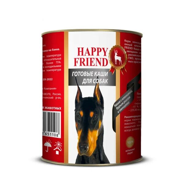 Корм для собак HAPPY FRIEND Каша с олениной, бурым рисом и овощами 340г (упаковка - 12 шт)