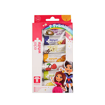 Набор детских зубных паст edel+white 7Fruchtli со вкусами лимона, ванили апельсина, груши, яблока, вишни. Для детей с первого зубика до 6 лет 7х9.4мл c подставкой, Швейцария