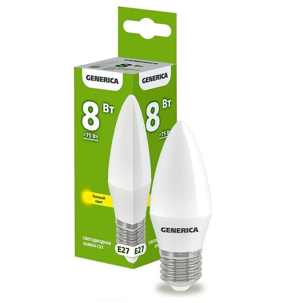 Лампа светодиодная IEK Generica, E27, 8 Вт, 3000К, 230 В, C35, свеча