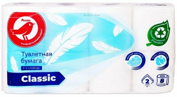 Туалетная бумага АШАН Красная птица белая, 2 слоя, 8 рулонов