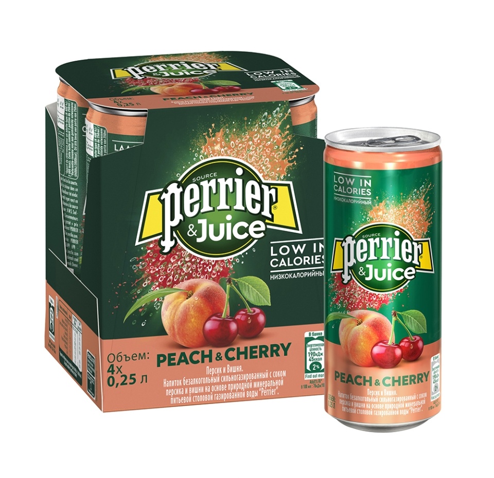 

Напиток сокосодержащий Perrier&Juice персик и вишня сильногазированный 250 мл