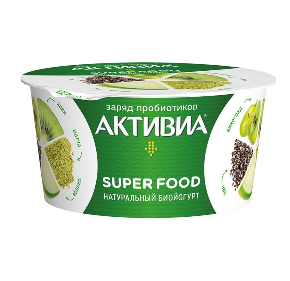 

Биойогурт натуральный Активиа Super food с киви, яблоком, виноградом, семенами чиа 2.2% 140 г
