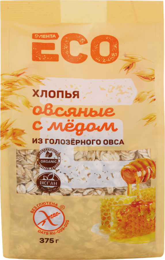 

Хлопья овсяные безглютеновые ЛЕНТА ECO с медом, из голозерного овса