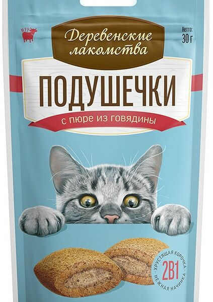 Лакомство для кошек Деревенские лакомства Подушечки с пюре из говядины 30г