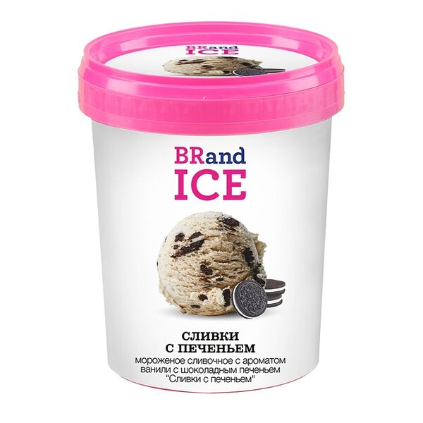 Мороженое BRAND ICE печенье со сливками, сливочное ванильное с кусочками шоколадного печенья 15%, без змж, 600г