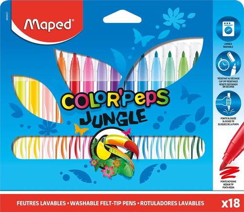 

Фломастеры MAPED Jungle с заблокированным пишущим узлом, смываемые, 18 цветов, Арт. 845421