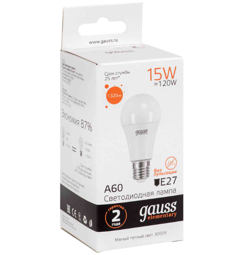 Лампа светодиодная Gauss elementary A60 E27 3000K мягкий теплый свет груша 15 Вт