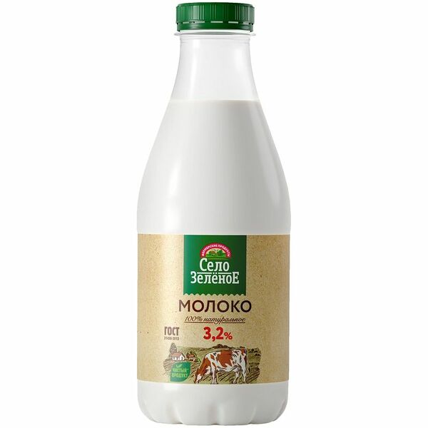 Молоко Село Зелёное пастеризованное 3.2%, 900мл