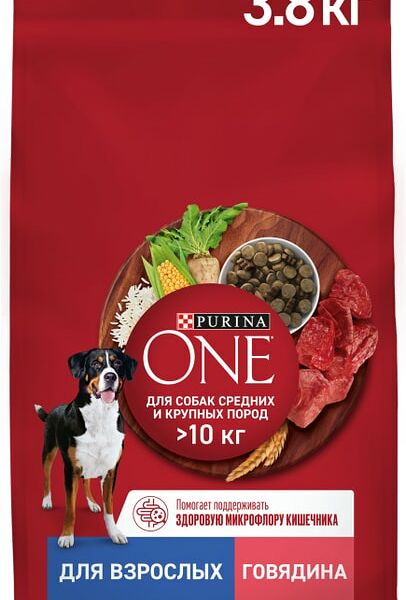 Сухой корм для собак Purina ONE для средних и крупных пород с говядиной и рисом 3.8кг