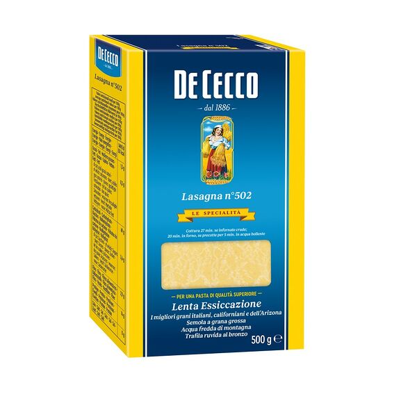 Макаронные изделия из муки из твердых сортов пшеницы LASAGNA №502 (ЛАЗАНЬЯ №502) т. м. «De Cecco», 500г