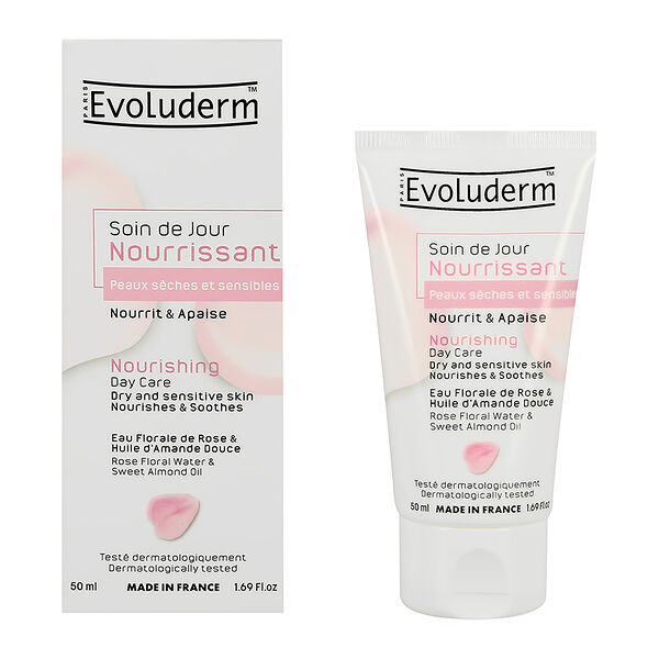 Крем для лица `EVOLUDERM` дневной с розовой водой  и маслом сладкого миндаля (питательный) 50мл