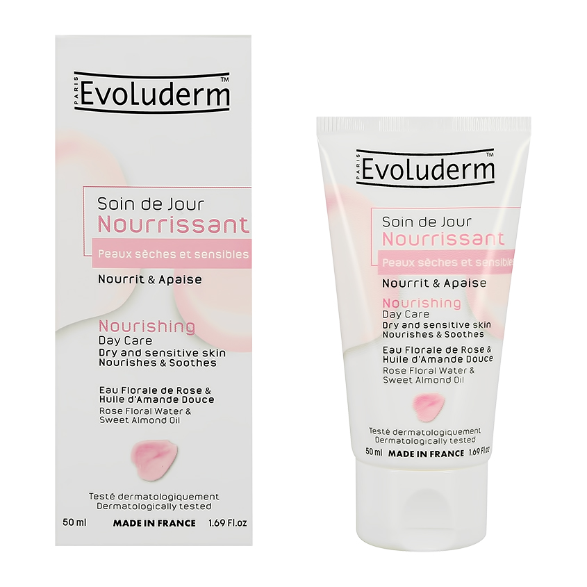 

Крем для лица `EVOLUDERM` дневной с розовой водой и маслом сладкого миндаля (питательный) 50мл