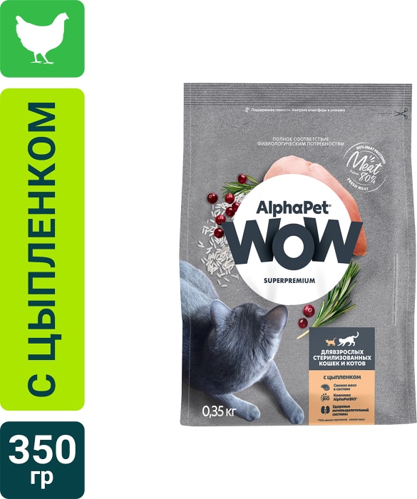 

Сухой корм AlphaPet Wow Superpremium для взрослых стерилизованных кошек и котов Цыпленок 350 г