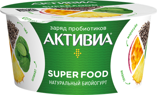 

Биойогурт АКТИВИА Super food с ананасом, маракуйей, шпинатом и семенами чиа 2,2%, без змж, 140г