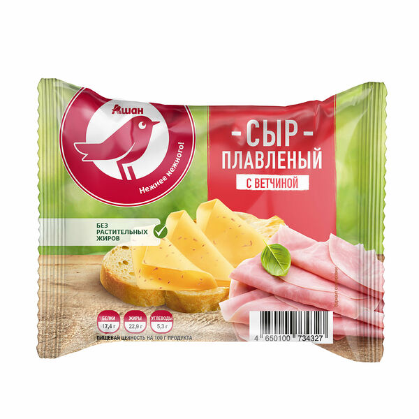 Сыр плавленый АШАН Красная птица с ветчиной слайс, 45%