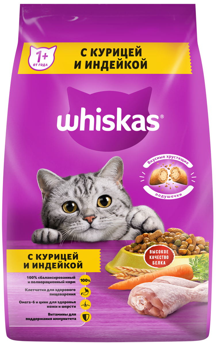 

Сухой корм для кошек Whiskas подушечки с паштетом ассорти с курицей и индейкой 1900 г