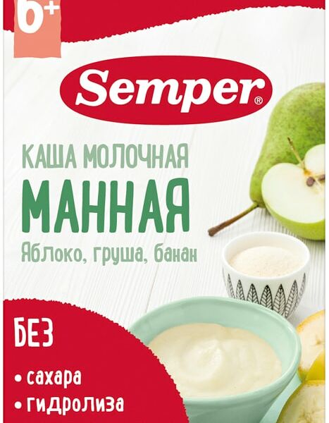 Каша Semper Манная с яблоком грушей и бананом молочная с 6 месяцев 180г