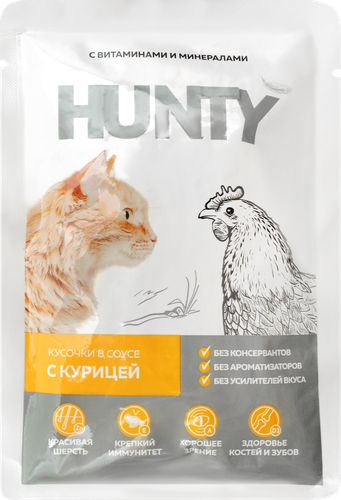 

Корм консервированный для кошек HUNTY сочные кусочки в соусе с курицей 85 г