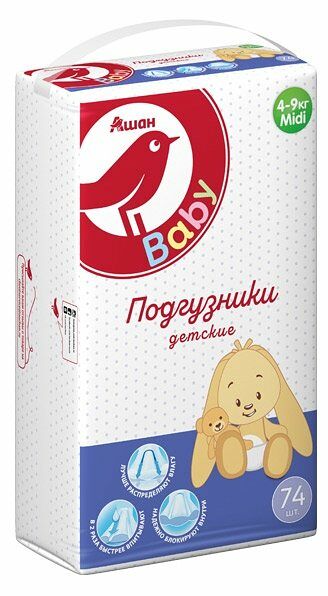 Подгузники АШАН Красная птица midi 3 (4-9 кг) размер, 74 шт