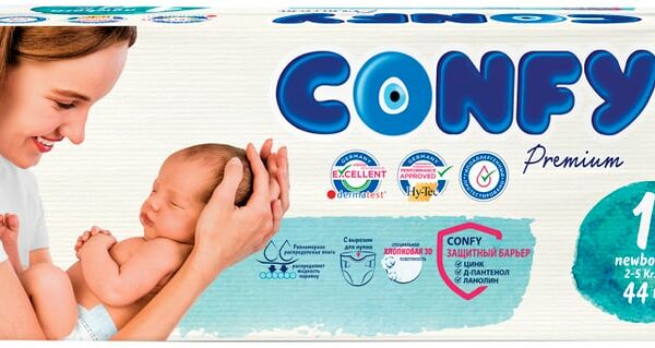 Подгузники Confy Premium NB Размер 1 2-5кг 44шт