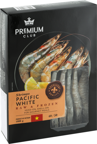 

Креветки свежемороженые Premium Club в панцире с головой 40/50, 1000 г