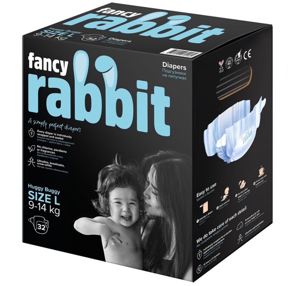 

Подгузники Fancy Rabbit на липучках р.L 9-14 кг, 32 шт